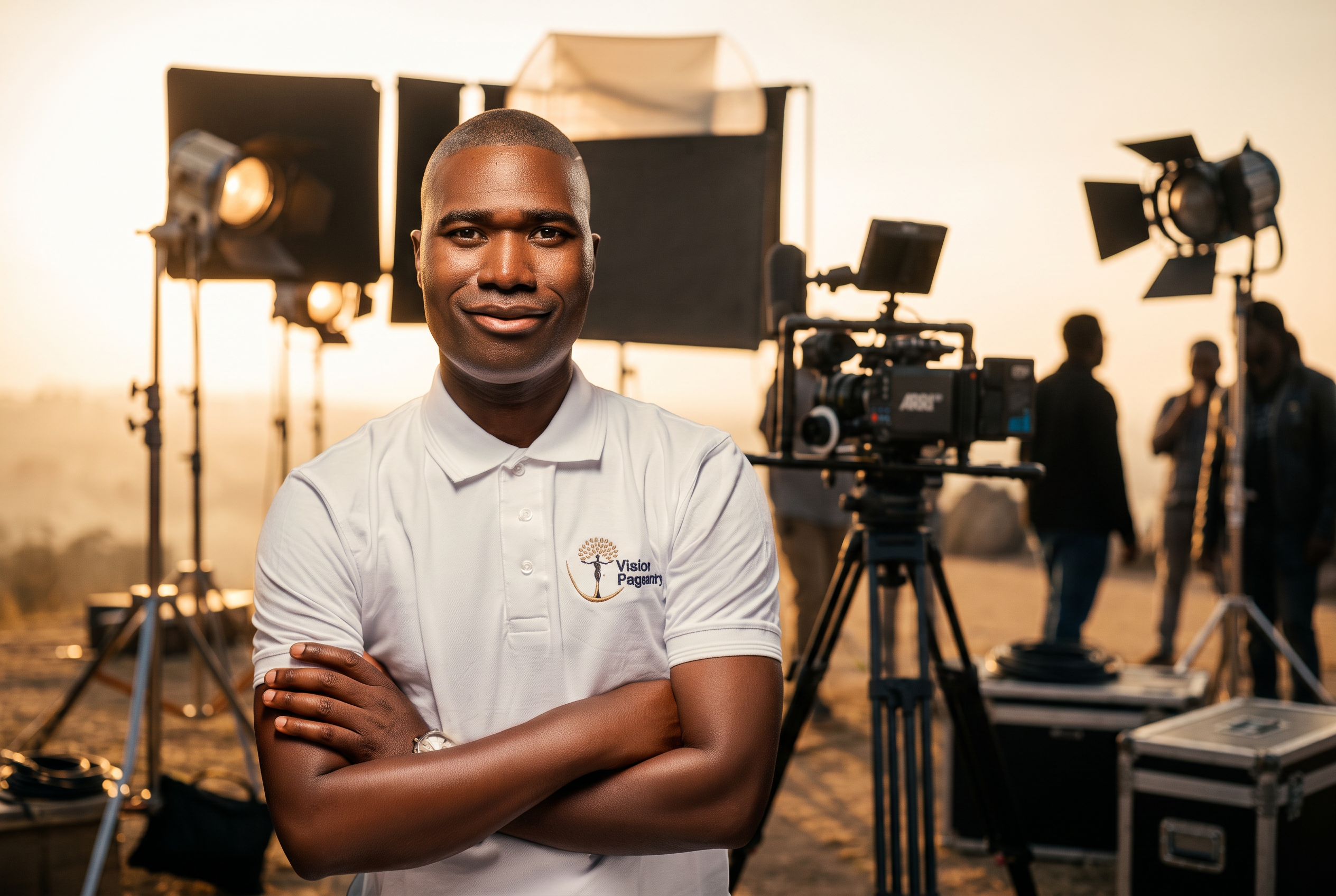 Valentino Vincent Molosen on a film set with cinema cameras and lighting rigs at golden hour